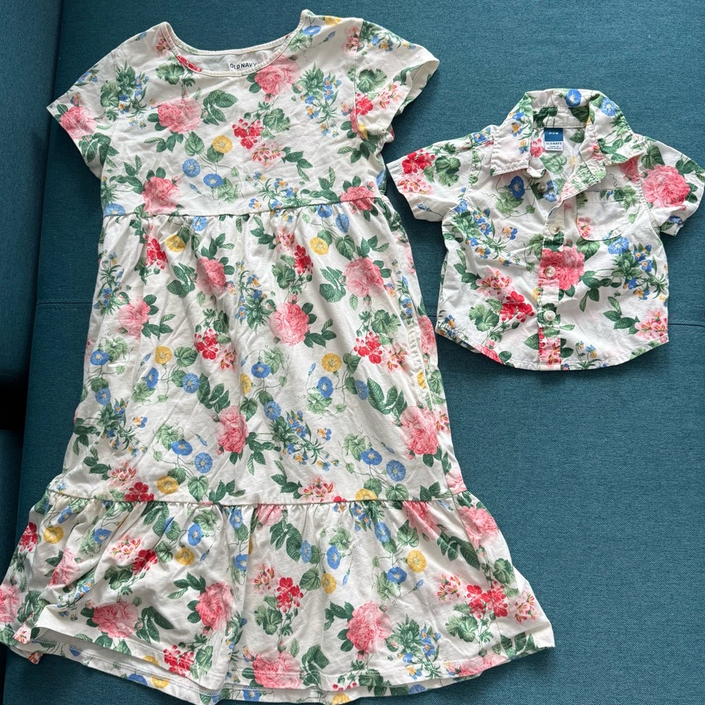 Matching Outfit Mom/Baby - Floral Pattern - Mamma Dress and Baby Boy Shirt